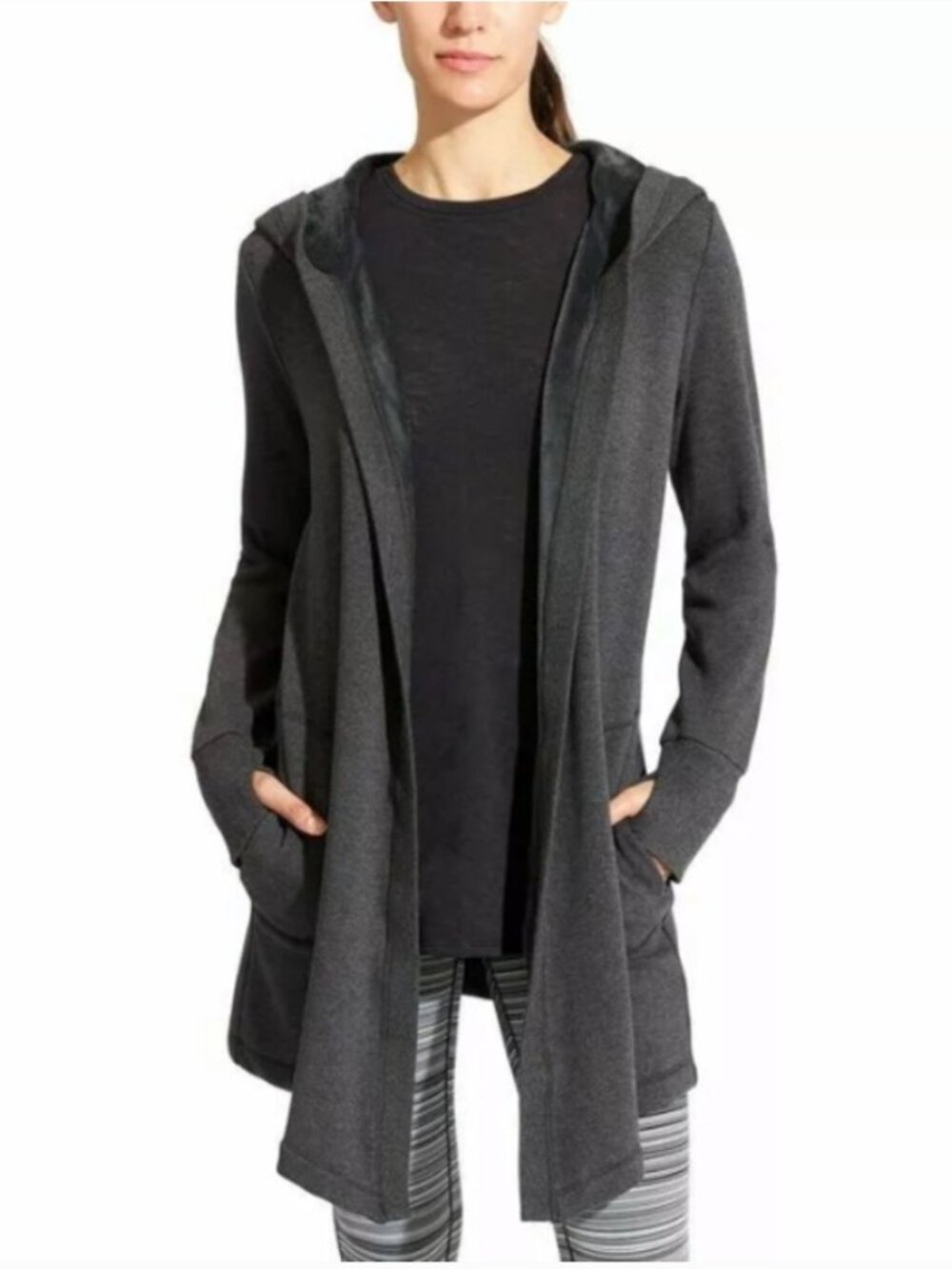 Athleta Cozy Karma Wrap Jacket Fleece Lined Charcoal Gray Open Front Hood Small